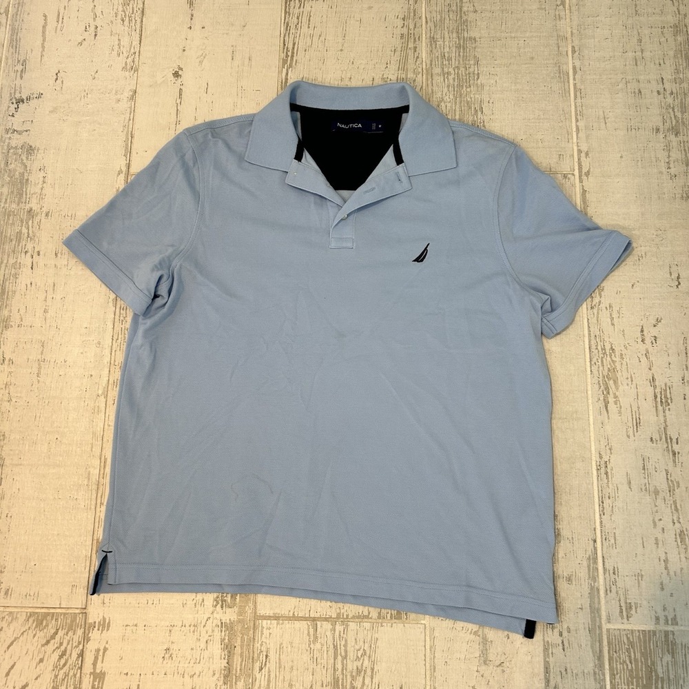 Nautica Polo Shirt Mens Medium Blue Performance Deck Pique Knit Preppy Y2K